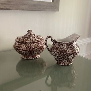 Crownford Staffordshire Calico Brown Covered Sugar Bowl and Creamer Set